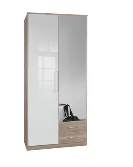 Marston 2 Door 2 Drawers Oak/White Mirror Wardrobe | 95cm
