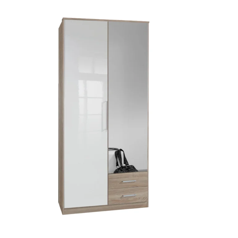 Marston 2 Door 2 Drawers Oak/White Mirror Wardrobe | 95cm