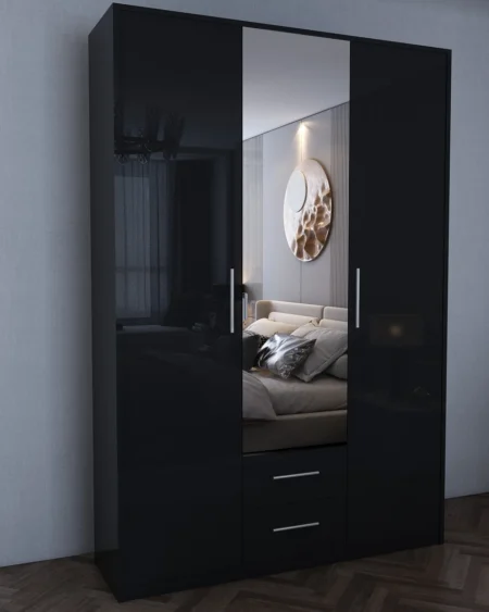 Tesoro Gloss Black 3 Door 135cm Wardrobe 135 CM Wide