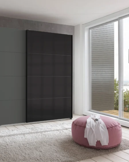 Eleanor 2 Door Sliding Graphite with Black Glass Wardrobe | 225 CM