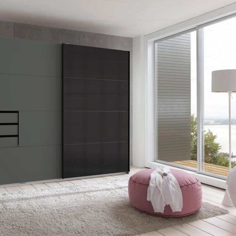 Eleanor 2 Door Sliding Graphite with Black Glass Wardrobe | 225 CM