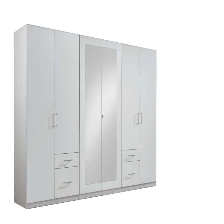 FINN 6 Door Mirrored 4 Drawer White Wardrobe | 270 CM