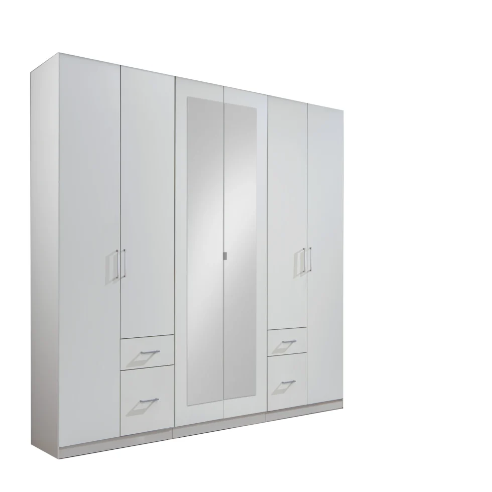 FINN 6 Door Mirrored 4 Drawer White Wardrobe | 270 CM