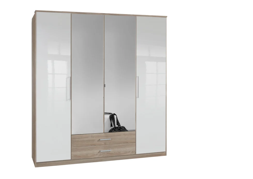 4 door gloss white and oak wardrobe