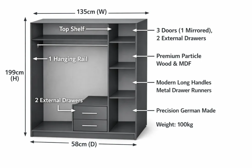 Tesoro 3 Door and 2 Drawer Mirrored White Wardrobe | 135cm Wide