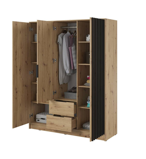 Marlowe 3 Door Hinged Mirrored Oak & Black Wardrobe | 155cm
