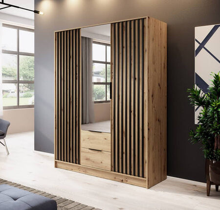 Marlowe 3 Door Hinged Mirrored Oak & Black Wardrobe | 155cm
