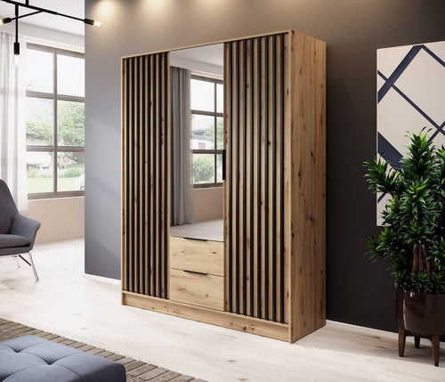 Marlowe 3 Door Hinged Mirrored Oak & Black Wardrobe | 155cm