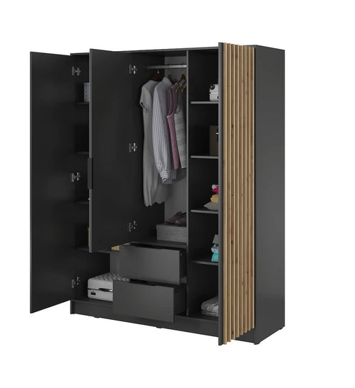 Marlowe 3 Door Hinged Mirrored Oak & Black Wardrobe | 155cm