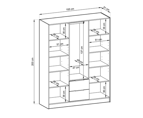 Marlowe 3 Door Hinged Mirrored Oak & Black Wardrobe | 155cm